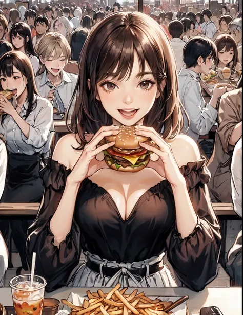 1lady solo, sitting at table, (holding hamburger) in both hands, taking a big bite, stylish outfit, mature female, /(dark brown hair/) bangs, happy smile, (open mouth) big, (teeth:0.8), (masterpiece best quality:1.2) delicate illustration ultra-detailed, l...