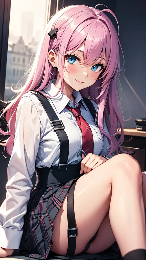 1 girl, Hoshino (blue archive), alone, heterochromia, pink hair, skirt, long hair, tie, Ahoge, shirt, Hello, plaid skirt, blue eyes, plaid,  looking at the viewer, white shirt, sitting, orange eyes, chest Harness, Harness, long sleeve, ID card, open your m...