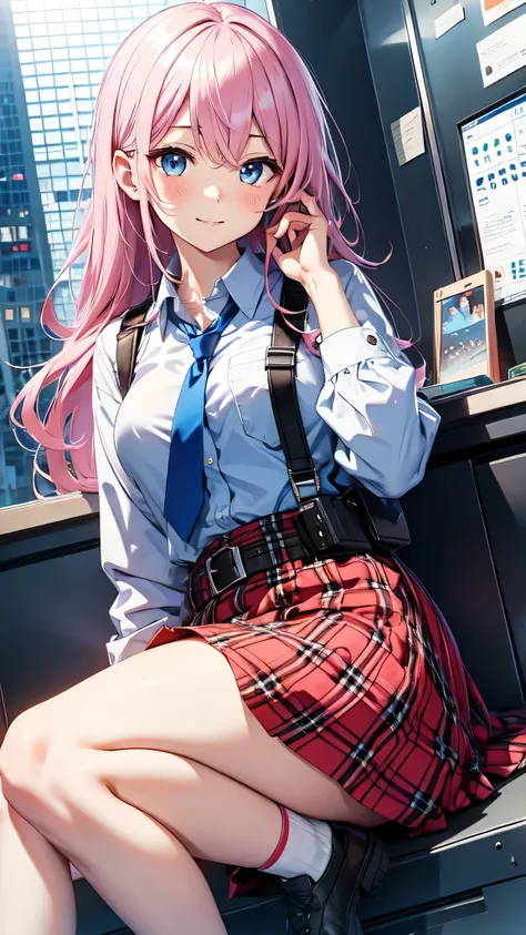 1 girl, Hoshino (blue archive), alone, heterochromia, pink hair, skirt, long hair, tie, Ahoge, shirt, Hello, plaid skirt, blue eyes, plaid,  looking at the viewer, white shirt, sitting, orange eyes, chest Harness, Harness, long sleeve, ID card, open your m...