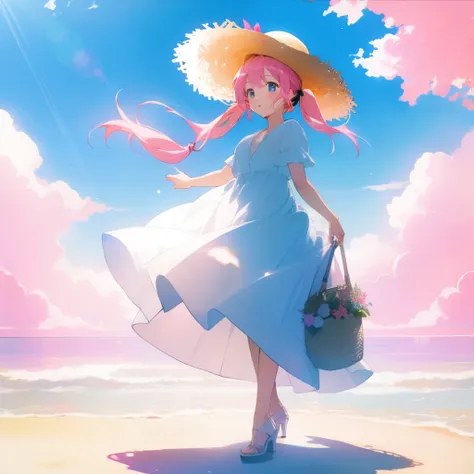 masterpiece,pink hair、blue sky、Ginger Ale、straw hat、white dress、high heels、Backlight、twin tails