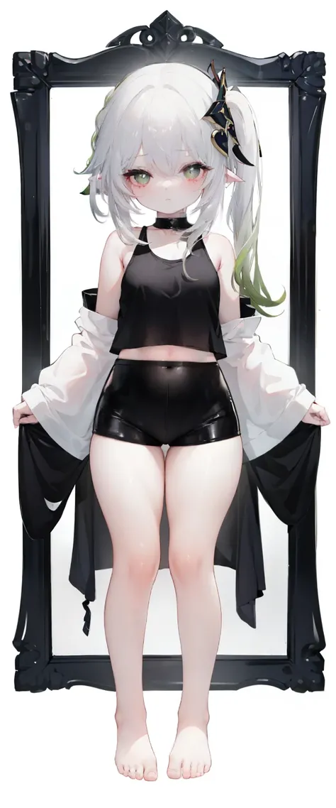 ,child,cute,black hair,thick thigh ,short leather pants,black mini camisole, thick thighs,flat chest,black color tank top,black mini camisole,crop top, Nahida, loli,child,flat chest,fullbody, thick thighs, blushing,loli,child, standing straight, head to to...