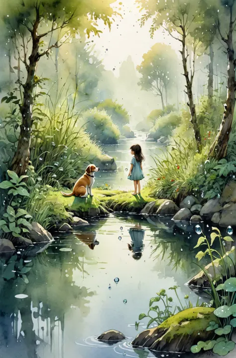 ultra hd detailed painting of greenery and water droplets reflecting sunlight、girl and dog、pearly sunlight、summer forest amongst...