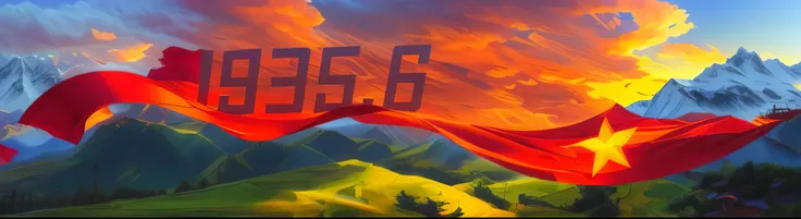 (actual : 1.0), actual lighting, HD details,  Nalang Solo Park, Yunnan Province，A lot of red flag elements reading "956 "Character，Focus on Lao Libraries，Get a bird&#39;Overlooking majestic peaks and lush greenery。There are eight colorful、Interesting scene...