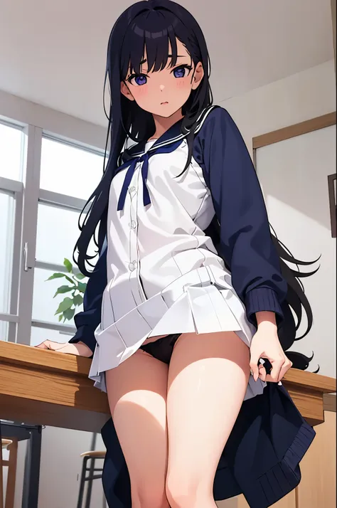 girl&#39;s room　elementary school girl　backwards　8-year-old　flat chest　black hair　long hair　The eyes are purple　（（1 person））　Half Sleeve Blouse　　Lower body navy blue miniskirt　white panties（（white pantiesが見える））　white socks　sitting in the room　dynamic angle...