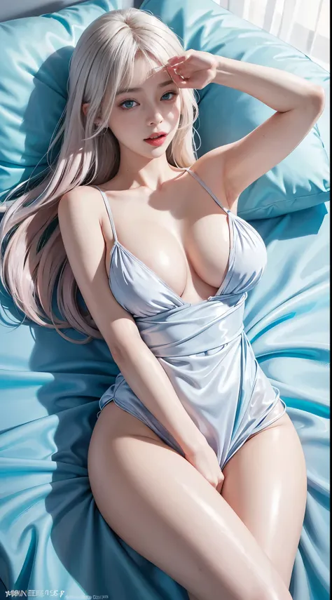 （girl lying on the bed）、Portrait、bright look、young shiny glossy white shiny skin、best looks、ultimate beautiful girl、The most beautiful platinum blonde hair in the world、shiny bright hair,、Super long straight hair、Shining beautiful bangs、Sparkling crystal c...