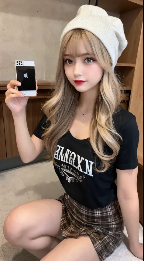 high quality、blond、plaid skirt、T-shirt blanc en Y、fille、mini jupe、couleur de cheveux brillante、tanned hair、sexy 、blond、High school student、Jambes fines、de beaux cils、high resolutionの顔、Dézoomer、20 ans、Angle de vue jusqu&#39;aux genoux、best quality, Illustra...