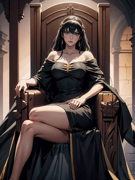 yor forger, long hair, big round breasts, medium butt, sitting on a throne, in a dark broken castle, wearing black armor, femdom, looking straight to the camera, lower view, very detailed, 8k, off the shoulder dress, full body, model in the middle of the f...