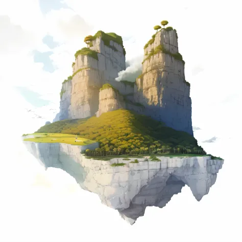 there is a small island with a golf course on it, isometric island in the sky, over a chalk cliff, aerial illustration, cliffside, high cliff, floating mountains, floating and flying island, cliff, an island floating in the air, flying island, floating isl...