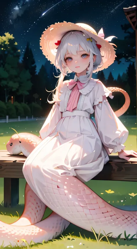 A twelve-year-old，white hair，The upper body is wearing a white shirt，brown eyes，Pink snake-tailed girl wearing a straw hat，sit on the grass，Look at the stars in the sky，full body picture