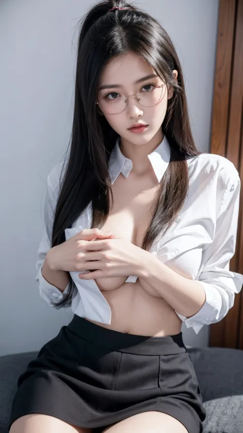 ((best quality)), ((masterpiece)), (detailed), perfect face, beautiful body, pretty face, teenager female, perfect body, Ultra-high detail, Photorealism, Intimate atmosphere, flowing light, black straight hair, ponytail, glasses, wear a office uniform, Whi...