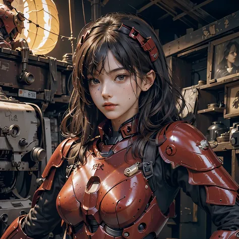 (masterpiece), (best quality), photorealism, actual, Super detailed, perfect face, Perfect body, 1 girl, beautiful girl, red armor girl, Mechanical armor, Exoskeleton, stand, cool pose, Sexy, 