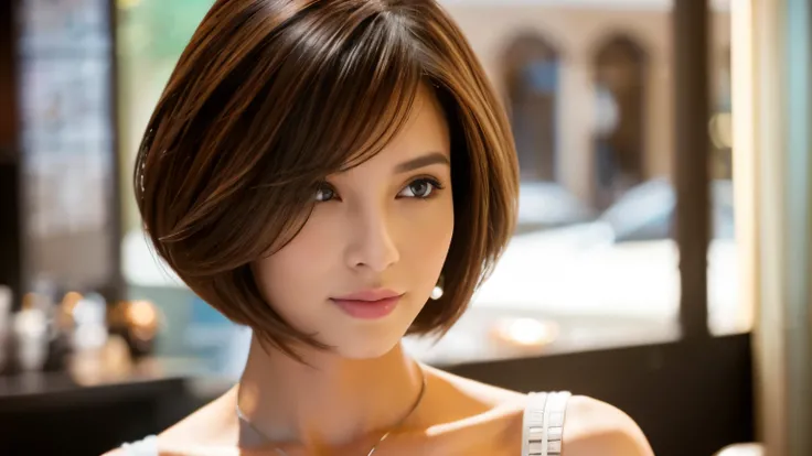 Realistic female beauty salon model,　bob style hairstyle、Inside the cafe