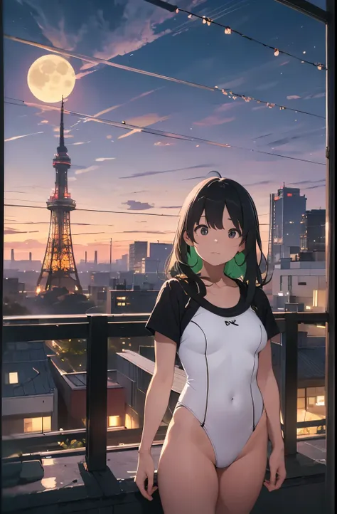 At the moment when golden hour turns into night、View from a rooftop in Tokyo with the skyline in the background。Beautiful Japan Woman、Wearing a white minimalist swimsuit、Standing facing the camera。Her long green hair fluttering in the breeze、The golden lig...