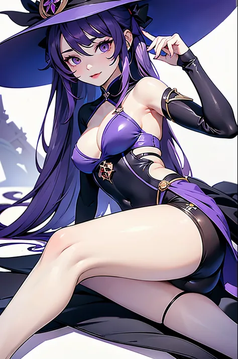 solo,1 girl,lying down,whitebackground,nobackground,Mona,Genshin,Impact,witch,hat,purplehair,sexy,sexygirl,sexypose