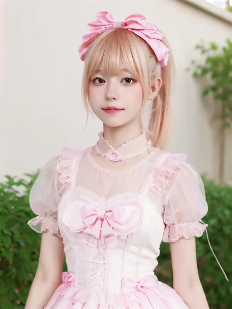 Masterpiece, best quality, ultra-detailed, (1girl, solo,  cyb dress, pink dress, frills, see-through short sleeves, wrist cuffs , ponytail, diagonal bangs, very shy face,g.i. haircut, blonde hair), outdoor 