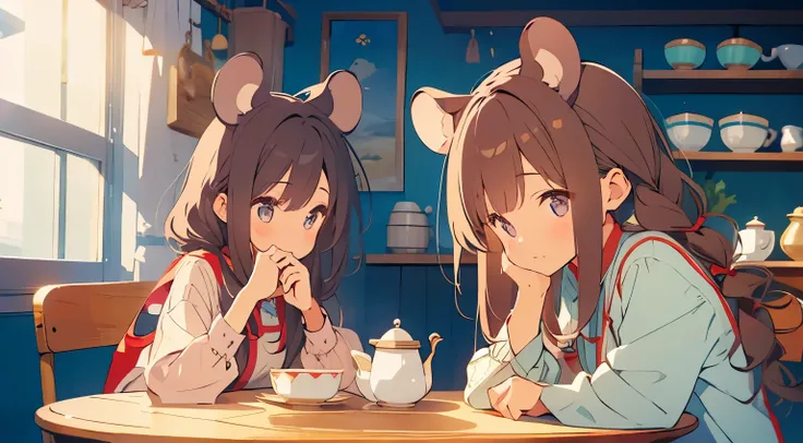 Two mouse-eared women、simple clothes、tea time