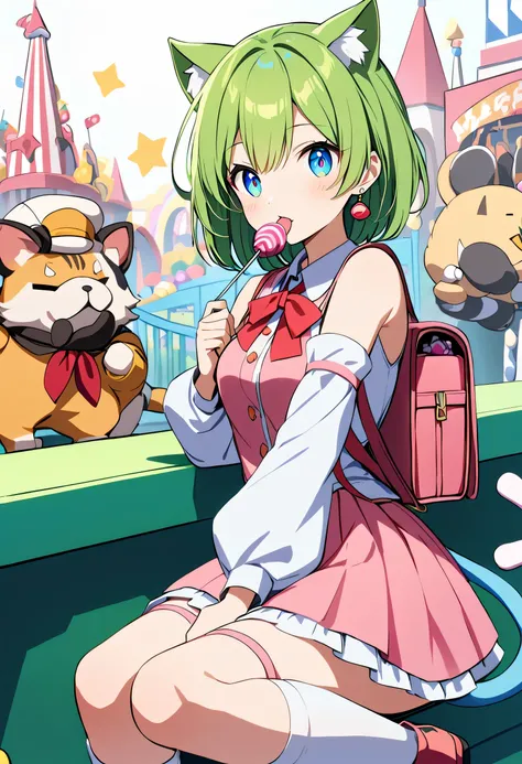 1 girl, deltamon_beta, alone, blue eyes, knee highs, animal ears, bare shoulders, blue tail, earrings, detached sleeve, green hair, sleeveless, cat ears, bag, white knee highs, cat tail, pink backpack, pink school bag, BREAK candy themed amusement park, bi...