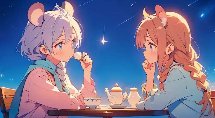 Two mouse-eared women、Elsa and Anna、simple clothes、tea time、starry sky