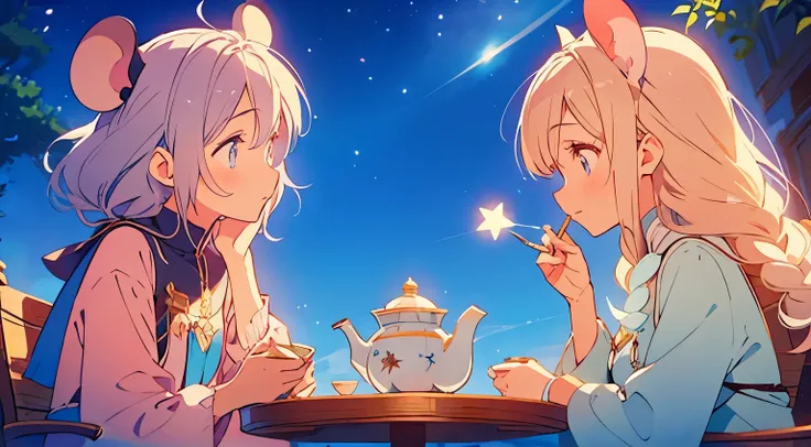 Two mouse-eared women、Elsa and Anna、simple clothes、tea time、starry sky