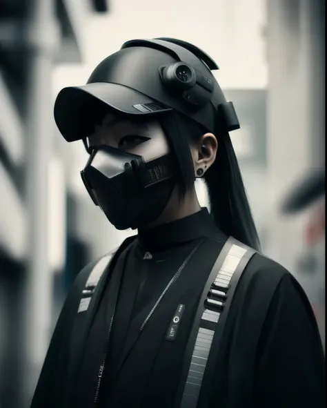 woman wearing black harajuku fashion clothes, with a cyberpunk mask,  vr headset, wearing japanese technical clothing, photograp...