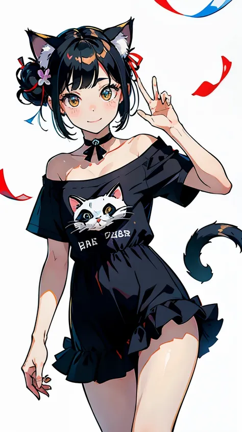 (highest quality, masterpiece, High resolution)、(anime art)、cinematic light、soft light、(1 girl)、black hair、Black cat costume、White Cat Costume、Tabby cat costume、Striped cat costume、Persian Cat Costume、3-color cat costume、(loose t-shirt)、loose shirt、off sho...