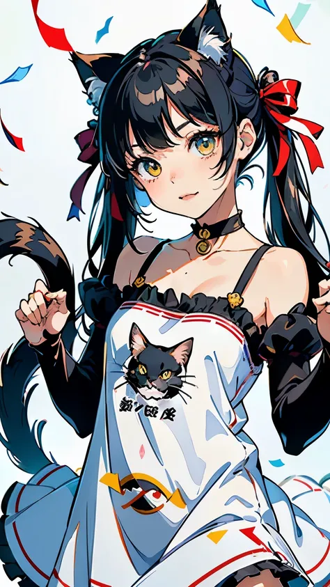 (highest quality, masterpiece, High resolution)、(anime art)、cinematic light、soft light、(1 girl)、black hair、Black cat costume、White Cat Costume、Tabby cat costume、Striped cat costume、Persian Cat Costume、3-color cat costume、(loose t-shirt)、loose shirt、off sho...