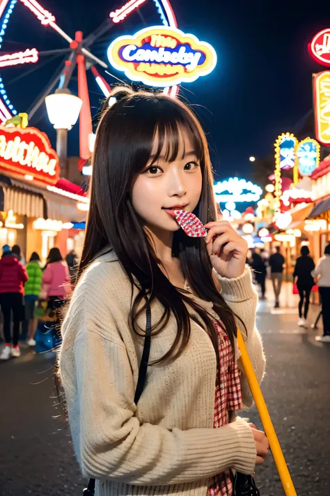 (8k, raw photo, highest quality masterpiece: 1.2)a young woman is holding a large stick of candy in her mouth at a candy-themed ...