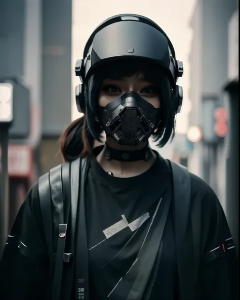 woman wearing black harajuku fashion clothes, with a cyberpunk mask,  vr headset, wearing japanese technical clothing, photograp...