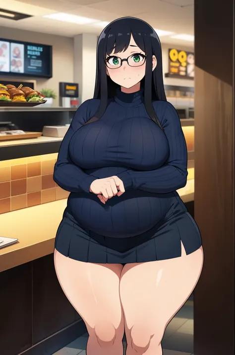 ((Masterpiece)), perfect anatomy, perfect shading, field of depth, (best quality), extremely delicate and beautiful, perfect lighting, detailed face, ultra cute face, cute, ((1girl)), ((solo))

long fluffy black hair, glasses, green eyes, ((blush)), nervou...