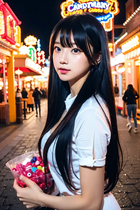 a young woman holding a large candy in a candy-themed amusement park, avoiding sensitive expressions.