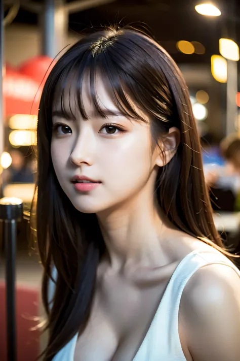 A young woman holding a large candy in a candy-themed amusement park, avoiding sensitive expressions.BREAK , skin color, huge breasts, laughter, (8K, RAW photo, highest quality masterpiece: 1.2), masterpiece, superdetailed, superA high resolution, (realist...