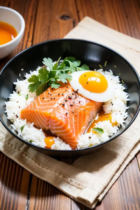 Want a bowl of salmon rice that looks good and has an appetite，A bowl with colorful black on a wooden table，Bowl with salmon slices、Sea urchin meat、Whole egg yolk、Arctic scallop slices and other foods，Sprinkle some seaweed crumbs on top、sesame seeds。There ...