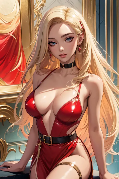 (masterpiece, top quality, best quality, official art, beautiful and aesthetic:1.2), young (1girl:1.3), (wearing torn red dress:1.3), (blonde:1.3) hair, long hair, (colorful eyes:1.3), extremely detailed, colorful, (highly detailed CG illustration), (looki...