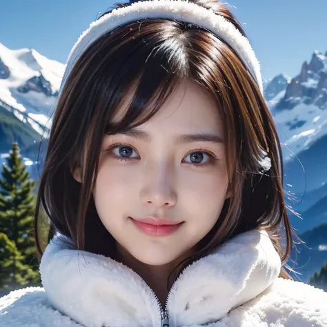 High resolution, masterpiece, highest quality, Ultra Definition 8K Wallpapers, very clear, Majestic panoramic view:1.3, (detailed beautiful face):1.2, A confident and calm smile, (multicolored)hair, 1 girl, alone, Warm hot springs surrounded by snow-capped...