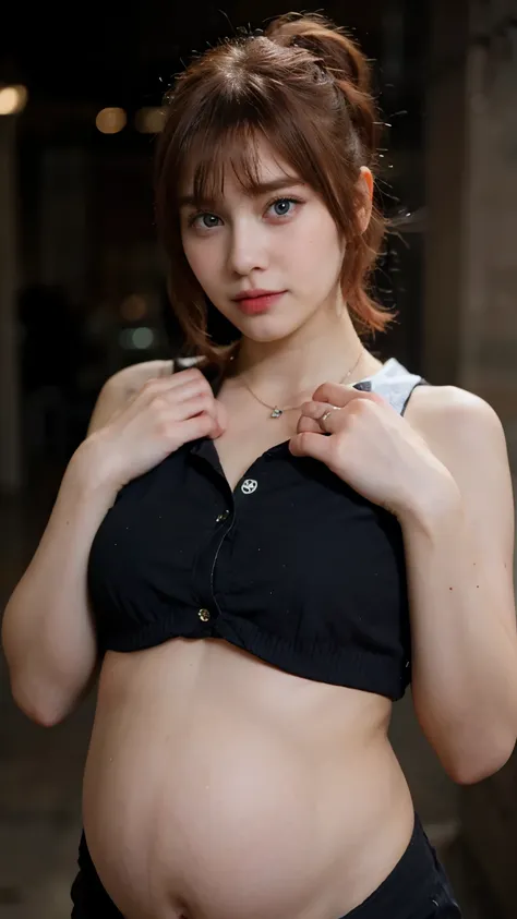 heavily pregnant, young girl, red hair, blue eyes, cheek blushing, hairbangs, short hair, ponytail, big belly, button up outfit, necklace, sexy pose, beautiful, blurry background, very dark background, looking at viewer