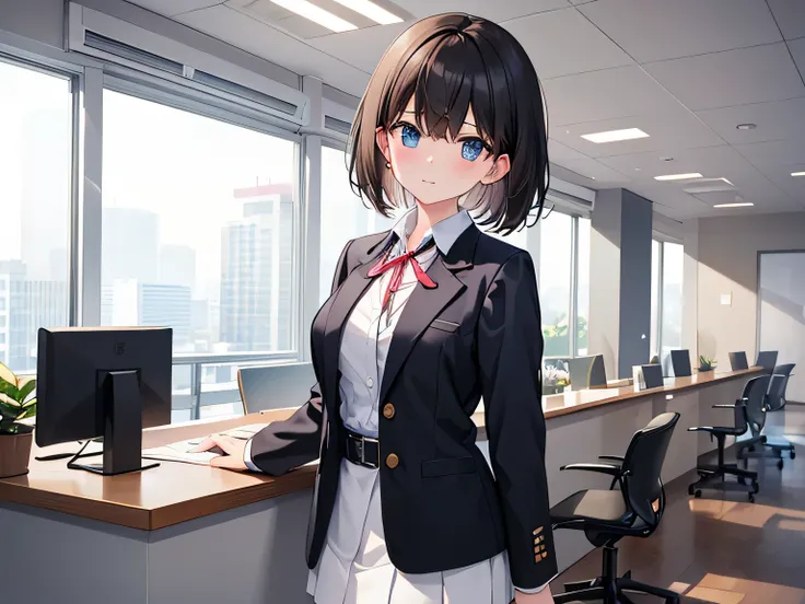 (masterpiece、highest quality、High resolution、realistic pictures、real looking skin:1.1)、
(The company&#39;s receptionist is working while sitting politely in the office chair at the reception desk.:1.8)、
(She has a troubled look:1.5)、
(She is wearing a whit...