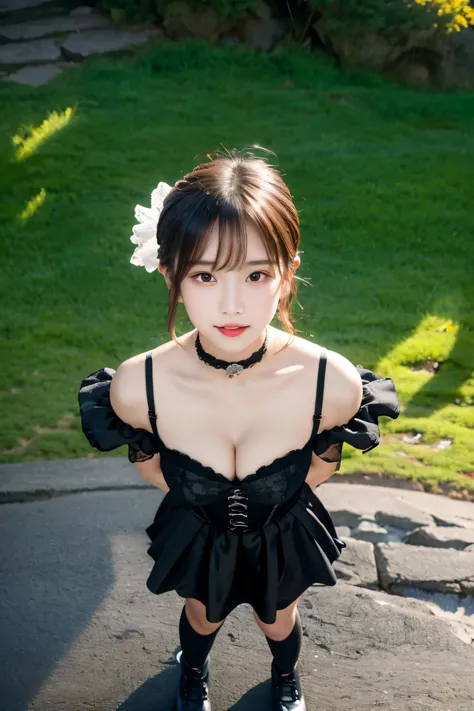 japanese girls、18yo girl、ple short hair、Blond Hair、bangs、BROWN EYES、Perfect figure、Sense of transparency、luster、glosodest chest、BREAK (Japanese Landmine Fashion:1.2), (black dress with ruffled sleeves and lace hem:1.4), ((mini length, fitted bodice):1.5), ...