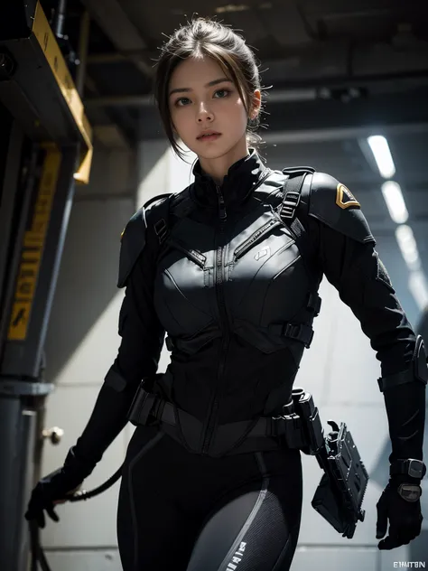 A female soldier wearing a black powered suit looking up