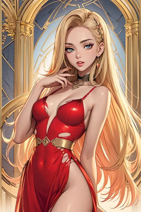 (masterpiece, top quality, best quality, official art, beautiful and aesthetic:1.2), young (1girl:1.3), (wearing torn red dress:1.3), (blonde:1.3) hair, long hair, (colorful eyes:1.3), extremely detailed, colorful, (highly detailed CG illustration), (looki...