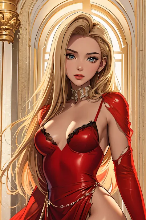 (masterpiece, top quality, best quality, official art, beautiful and aesthetic:1.2), young (1girl:1.3), (wearing torn red dress:1.3), (blonde:1.3) hair, long hair, (colorful eyes:1.3), extremely detailed, colorful, (highly detailed CG illustration), (looki...