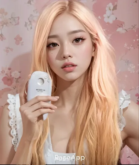 a closeup of a person holding a cell phone in front of a wall, parque roseanne de blackpink, maquillaje popular de corea del sur, maquillaje coreano popular, jossi de blackpink, tono de piel rosa pastel, bella delfina, muchacha coreana, hermosa mujer surco...