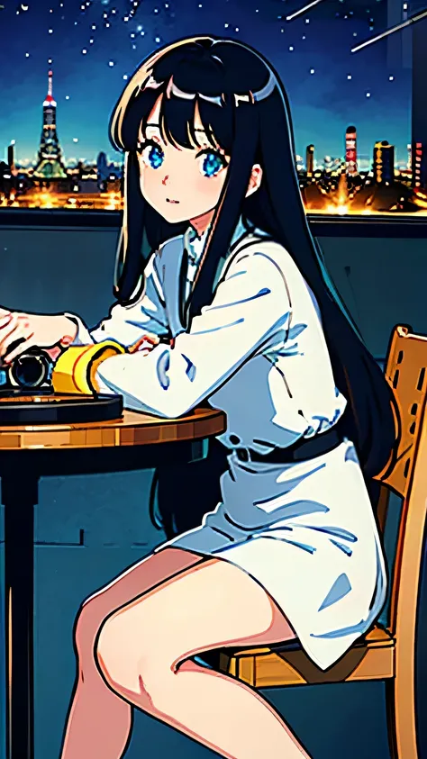 highest quality, realistic:1.37, Super detailed, Winter anime girl, black hair, long hair, bangs, straight bangs, blue eyes, fine eyes, beautiful, nice, kuudere、(Cafe、coffee、table、whole body、sitting in a chair、Decorated with a record player、night、city pop)