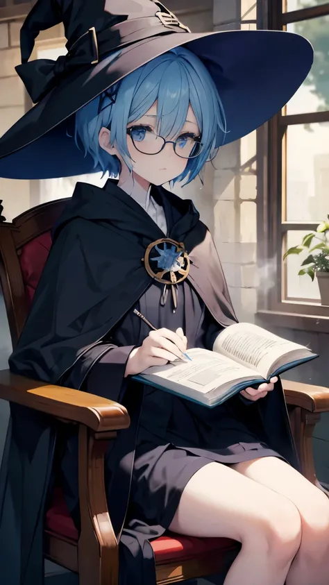 ,girl,best image quality,,blue hair,,blue eyes,glasses,white skin,,short hair,straight hair,half eyes,,wet with sweat,black robe,cloak,witch hat,race,clear,Cafe,coffee,sit in a chair,Reading,Book,small,