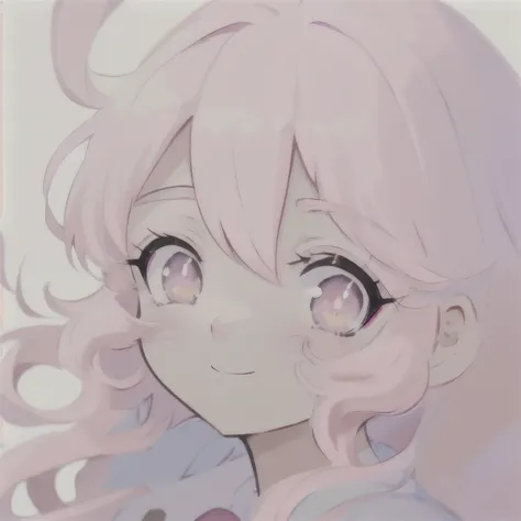 pink hair, anime, ghibli, anime style, close up, from side, first-person perspective, 8k, super detail, masterpiece,super detail, high quality, high resolution, high detail, white background, face detail, happiness, curly hair,