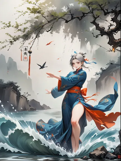 A Chinese girl is practicing Tai Chi, wearing a training suit with a background of Tai Chi diagram, water, fire, qi, and flowing movements. Her whole body is depicted in a Chinese style, with rich details, immortal energy, and Jojos wonderful adventure sty...