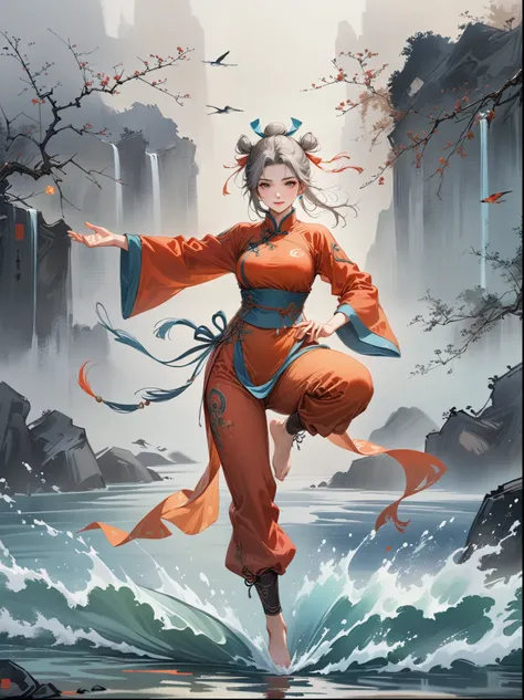 A Chinese girl is practicing Tai Chi, wearing a training suit with a background of Tai Chi diagram, water, fire, qi, and flowing movements. Her whole body is depicted in a Chinese style, with rich details, immortal energy, and Jojos wonderful adventure sty...