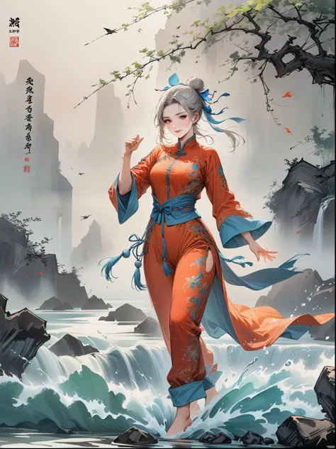 A Chinese girl is practicing Tai Chi, wearing a training suit with a background of Tai Chi diagram, water, fire, qi, and flowing movements. Her whole body is depicted in a Chinese style, with rich details, immortal energy, and Jojos wonderful adventure sty...