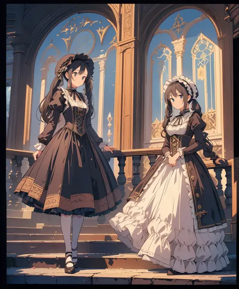 (masterpiece、highest quality、highest quality、official art、beautiful beautiful:1.2)、(1 girl:1.3)Hatsune Miku、twin tails,big breasts,Arabian woman in dress and hat with suitcase on stairs, victorian gothic lolita fashion, lolita style, victorian style costum...