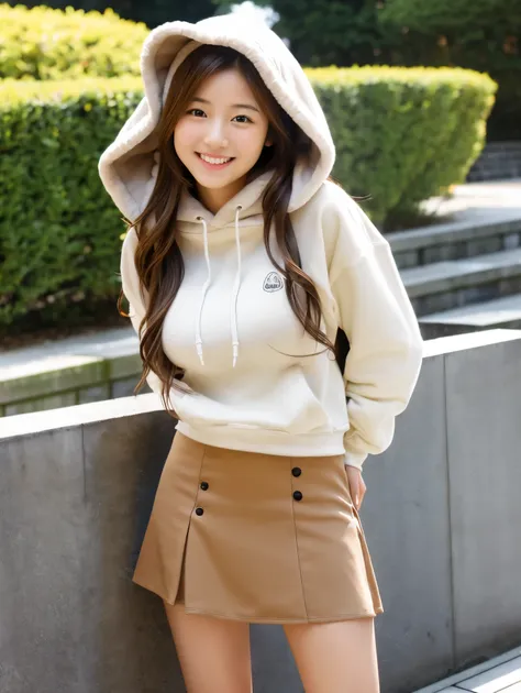 highest quality,best image,Japanese,big breasts,long brown hair,beautiful girl,smile,hoodie,mini skirt