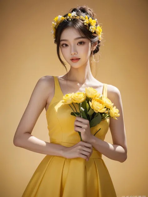 Araped woman wearing yellow dress and holding bouquet of flowers, Best Face, Chassis, blackpink jennie, Yanjun Chengt, Popular Korean Makeup, Exciting and cute aesthetics, Jinyoung Shin, Popular Korean Makeup, Inspired by Hwangji, lotus flower crown girl, ...